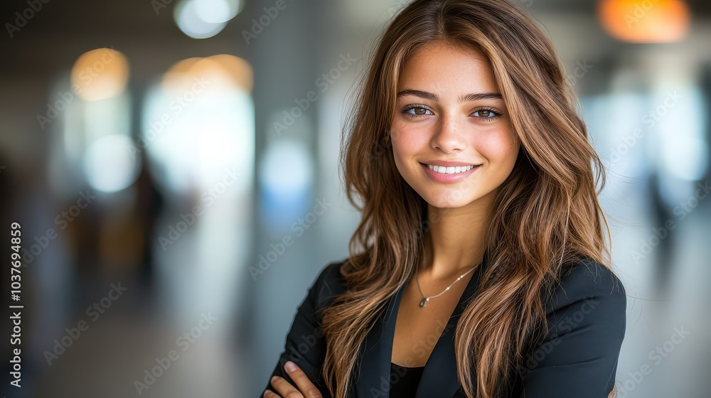 Smiling young woman in a bright, modern workspace Smiling young woman in a bright, modern workspace
