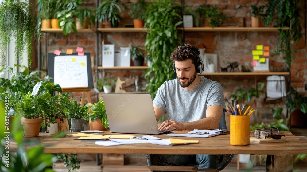 Man working in modern office with laptop and headphones. Man working in modern office with laptop and headphones.