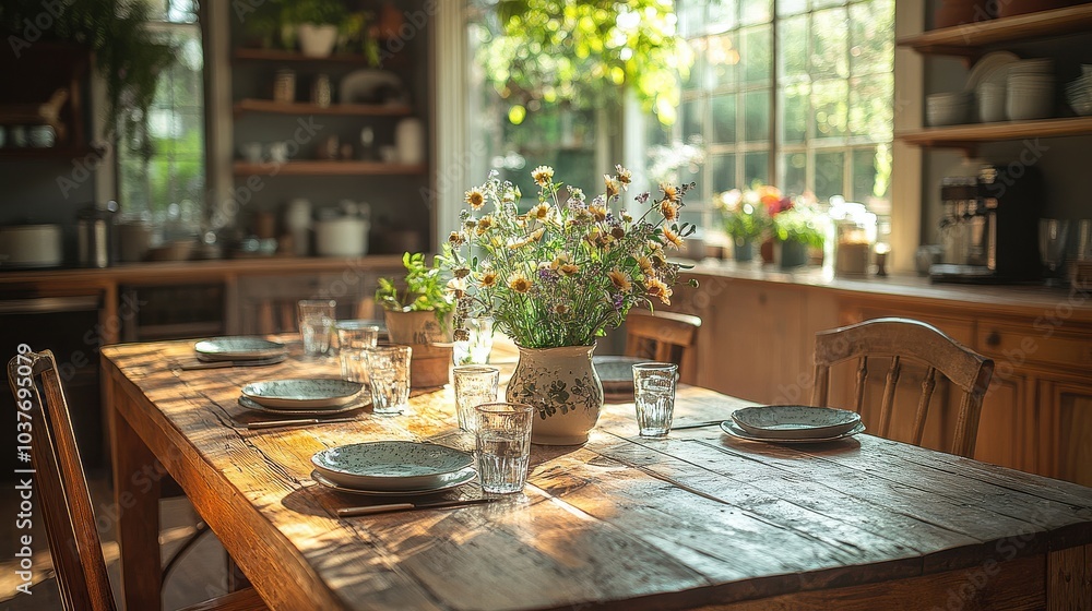 Rustic Kitchen and Dining Room with Wooden Accents and Natural Light.
