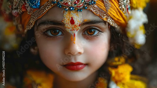 Portrait of a Cute Shri Krishna with Vibrant Traditional Headgear 