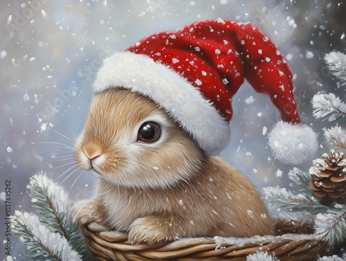 Bunny Santa Hat Painting Snowing Brown Bunny Kit Rabbit Animal Xmas Christmas Pet Holiday Cute