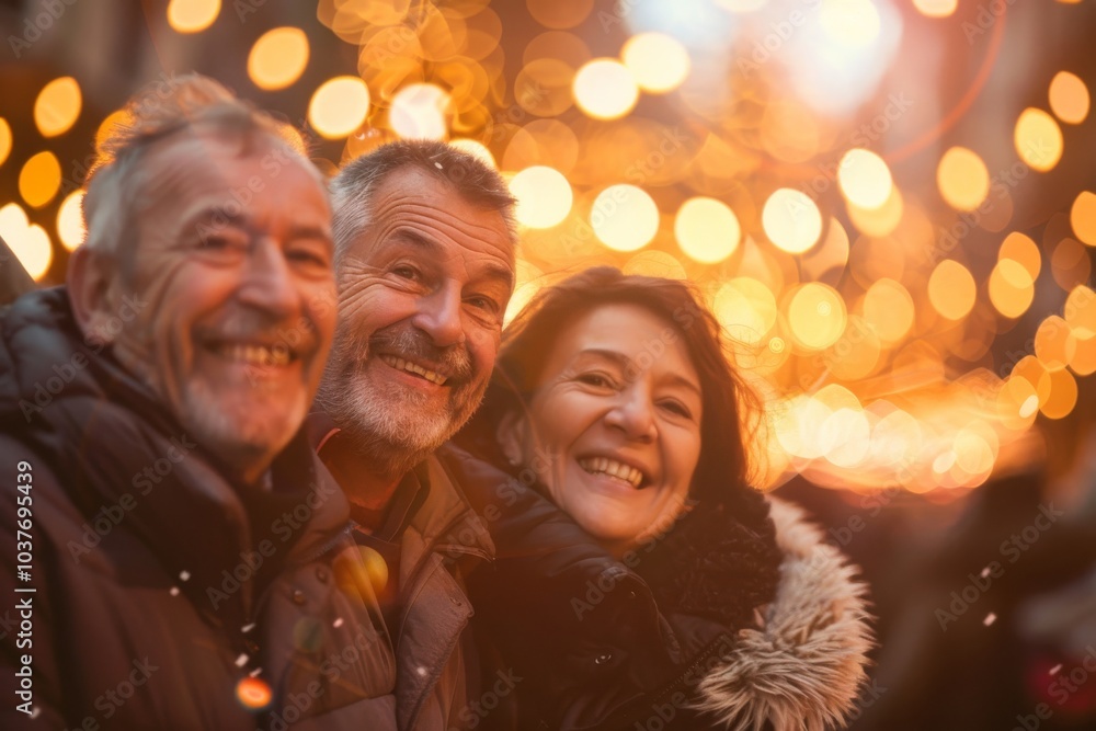 Portrait of a happy senior couple on the background of Christmas lights. Portrait of a happy senior couple on the background of Christmas lights.