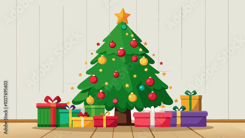 Big beautiful christmas tree decorated with beautiful shiny baubles and many different presents on wooden floor. White wall background with a lot of copy space for text. Close up