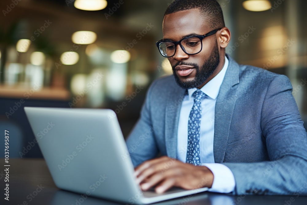 Businessman Working on Laptop in Modern Office Setting Businessman Working on Laptop in Modern Office Setting