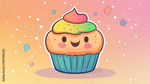 Line art illustration featuring a cartoon muffin with a vibrant rainbow gradient design