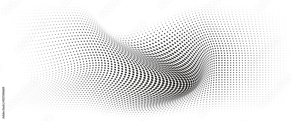 Flowing Wave Dot Halftone Pattern: Curve Gradient Shape on Transparent Background. Suitable for AI, Tech, Network, Digital, Science, and Technology Themes. Flowing Wave Dot Halftone Pattern: Curve Gradient Shape on Transparent Background. Suitable for AI, Tech, Network, Digital, Science, and Technology Themes.