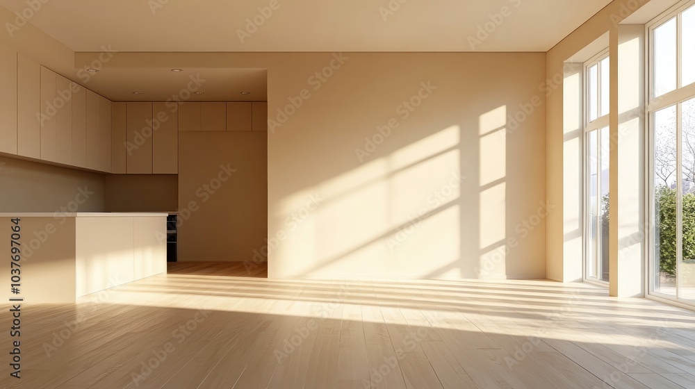 3D rendering of a modern apartment interior featuring an empty living room with beige walls and a kitchen 3D rendering of a modern apartment interior featuring an empty living room with beige walls and a kitchen