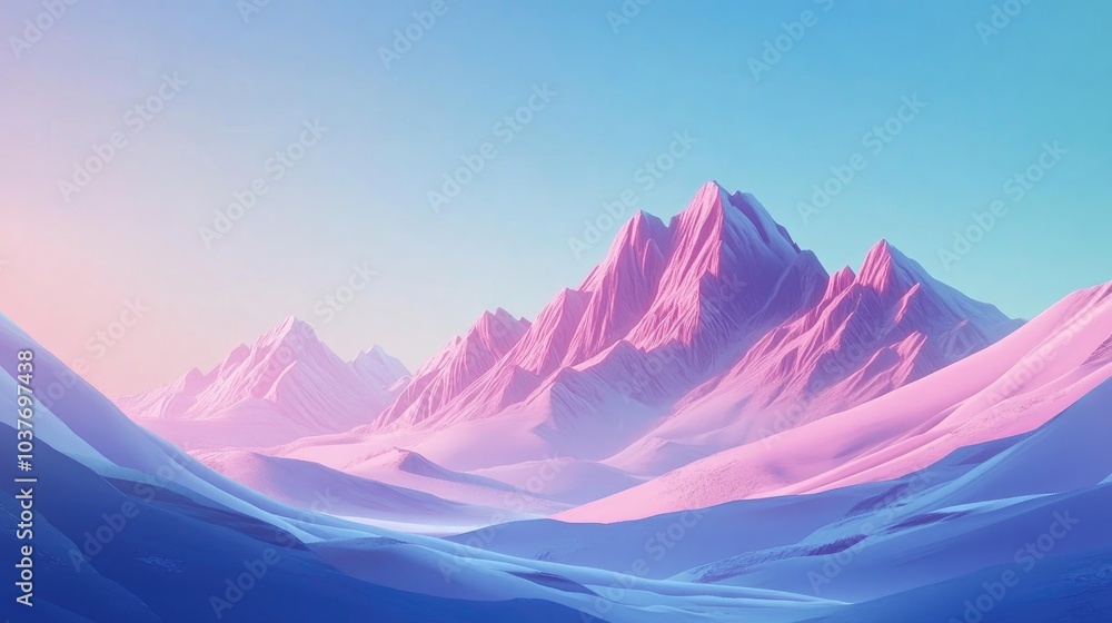 Cartoon illustration of a vast mountain range under a dusk atmosphere featuring a cool color gradient against a blue background suitable for advertising design Cartoon illustration of a vast mountain range under a dusk atmosphere featuring a cool color gradient against a blue background suitable for advertising design