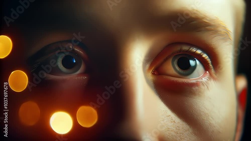 Close-up of intense human eyes, capturing deep emotion against a backdrop of soft glowing bokeh lights. the image embodies mystery and an alluring aesthetic suitable for expressive themes in art and m