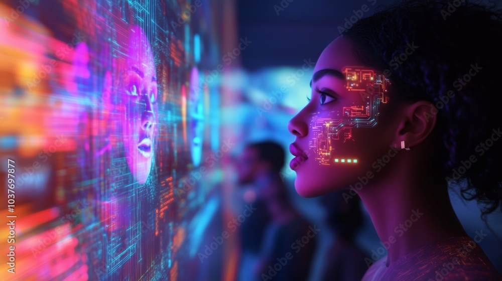 Close-up of a woman interacting with an immersive AI interface, showcasing vibrant holographic elements and facial recognition technology. Close-up of a woman interacting with an immersive AI interface, showcasing vibrant holographic elements and facial recognition technology.