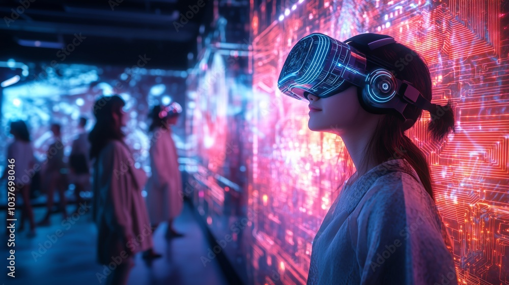 Immersive experience with AI-powered virtual reality headset in a digital environment, showcasing futuristic technology and holographic interactions. Immersive experience with AI-powered virtual reality headset in a digital environment, showcasing futuristic technology and holographic interactions.