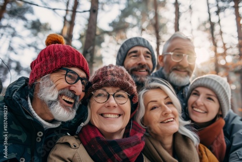 Group of senior people walking in the forest. They are smiling and looking at camera.