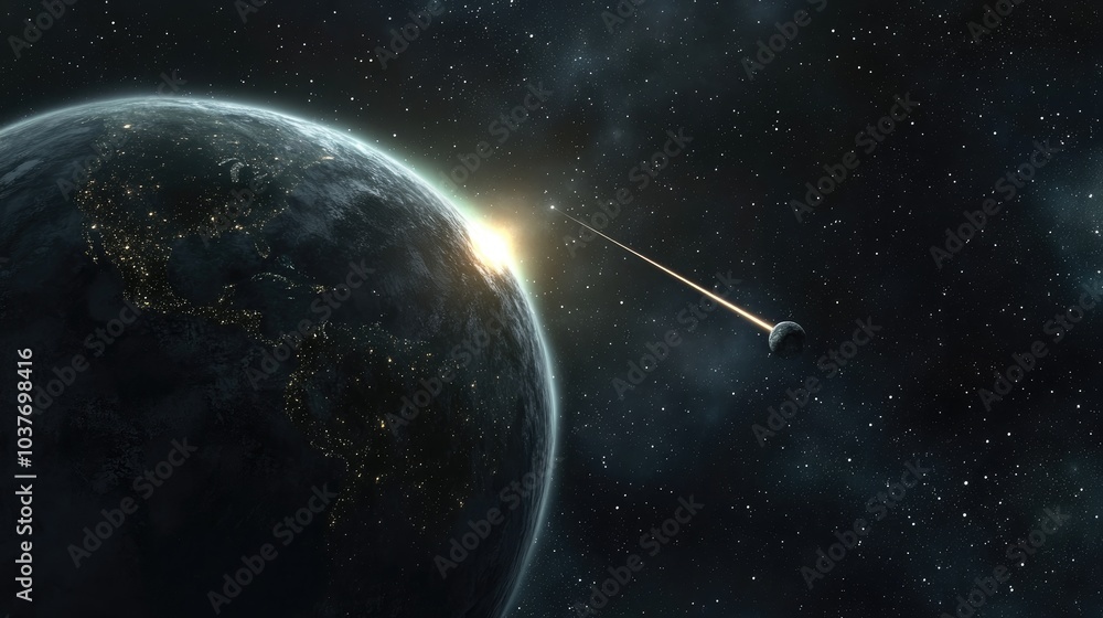 Obraz premium Astronomical scientific background featuring a bright comet approaching Earth in a 3D cartoon rendering in space