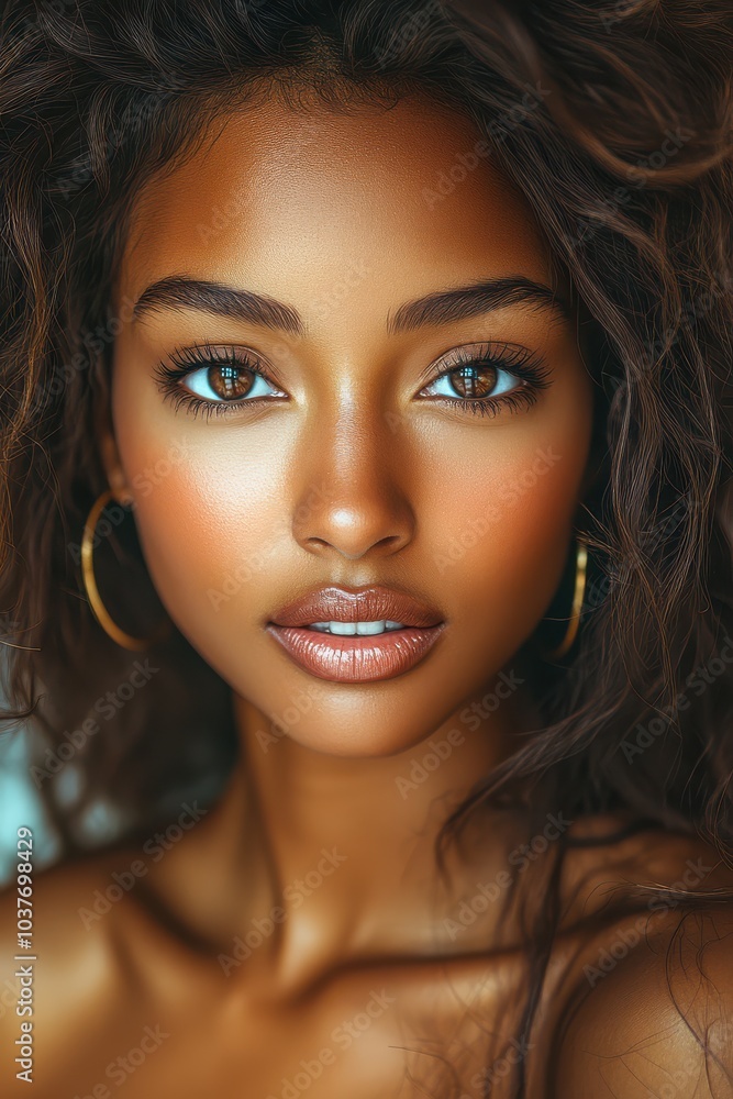Close-up of a young African American woman with flawless skin and wavy hair looking at the camera Close-up of a young African American woman with flawless skin and wavy hair looking at the camera