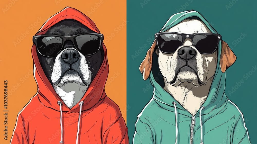 Two dogs sporting sunglasses and hooded apparel Two dogs sporting sunglasses and hooded apparel