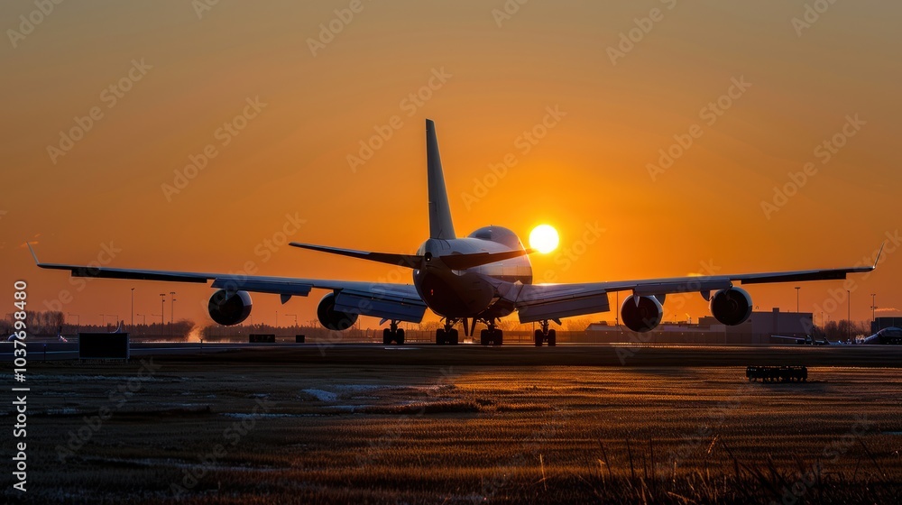 Obraz premium airplane runway sunset afternoon sunny day