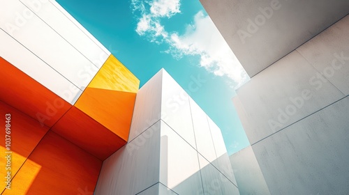 Abstract architectural background featuring geometric shapes with white and orange walls beneath a blue sky Detail of a modern concrete structure showcasing a minimal design with angular lines