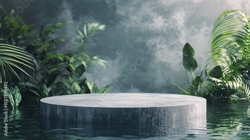 Podium positioned in water featuring plants in the background A stunning natural display for product or cosmetic showcasing Platform designed for beauty items Unoccupied setting stage 3D visualiza photo