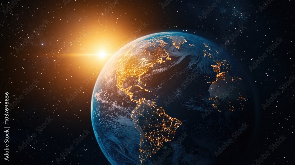 Fototapeta premium A stunning 3D cartoon rendering showcases a detailed perspective of Planet Earth from space highlighting one half illuminated by sunlight while the other glows with city lights