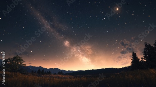 Beautiful night sky featuring 3D cartoon rendering of the Milky Way LMC galaxy and SMC galaxy