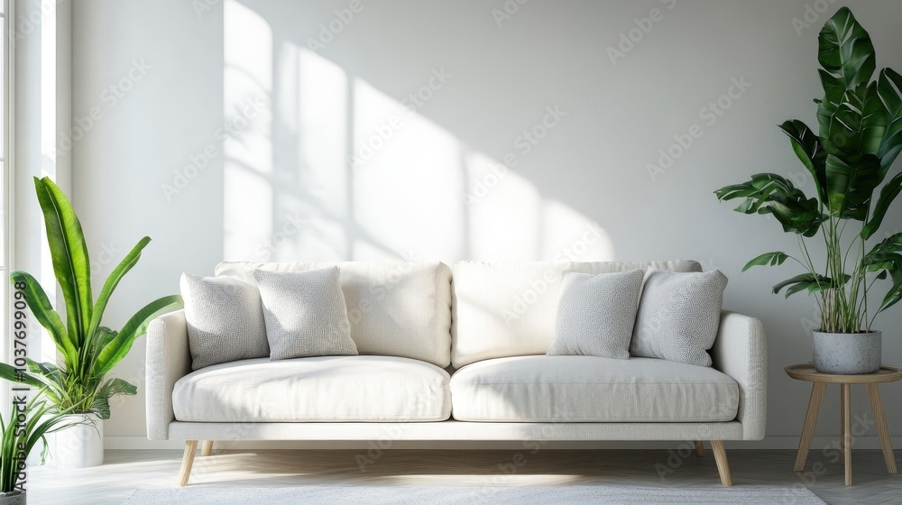 Naklejka premium Bright living room featuring a sofa in a Scandinavian style 3D visualization of modern interior design