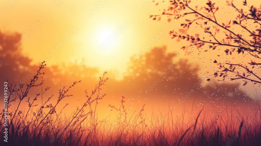 Obraz premium Brilliant Late Summer Autumn Sunrise With Silhouetted Branches And Light Fog Over Dew Covered Grass In The Forest Nature Macro Landscape
