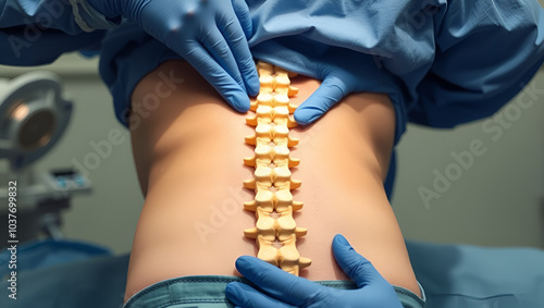 A spinal surgeon performs a hernia surgery on a patient's back. Myelopathy, copy space for text. Vertebroplasty photo