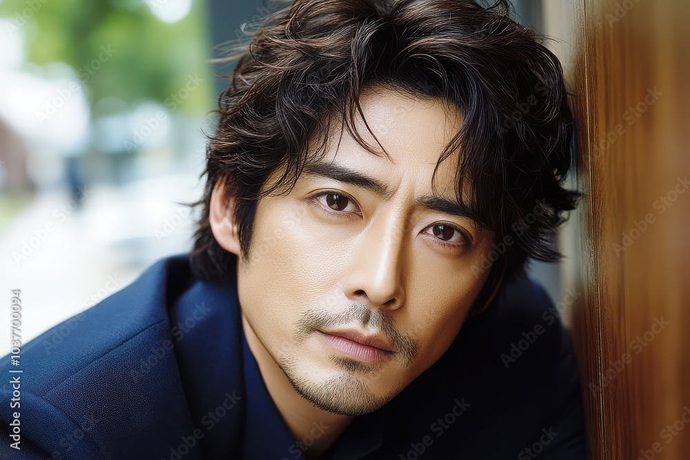 Portrait of a man with wavy hair wearing a blue suit, looking at the camera outdoors Portrait of a man with wavy hair wearing a blue suit, looking at the camera outdoors