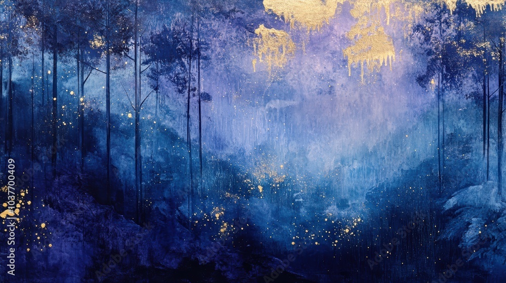 Fototapeta premium Golden flecks on a blue and purple forest.