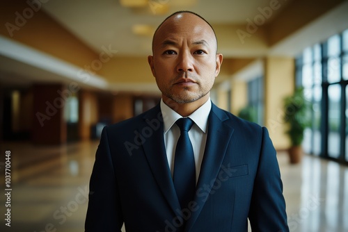 Portrait of a serious Asian businessman in a formal blue suit standing confidently in an office environment