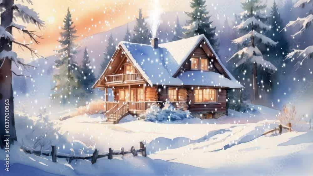 Cozy log cabin in snowy forest at sunrise with chimney smoke Cozy log cabin in snowy forest at sunrise with chimney smoke