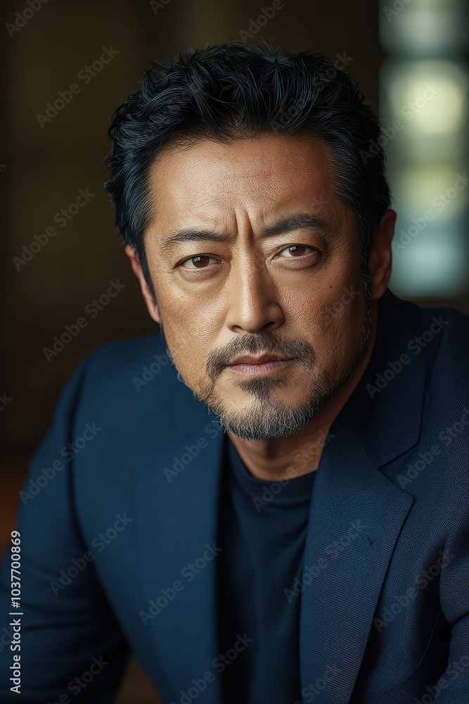 Portrait of a mature man with a salt-and-pepper beard wearing a navy blue suit Portrait of a mature man with a salt-and-pepper beard wearing a navy blue suit