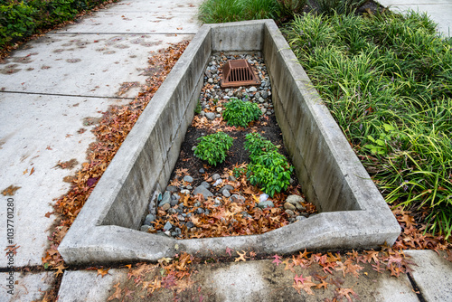 Bild auf Leinwand Rusty raised square iron stormwater drain surrounded by small rocks and plants,