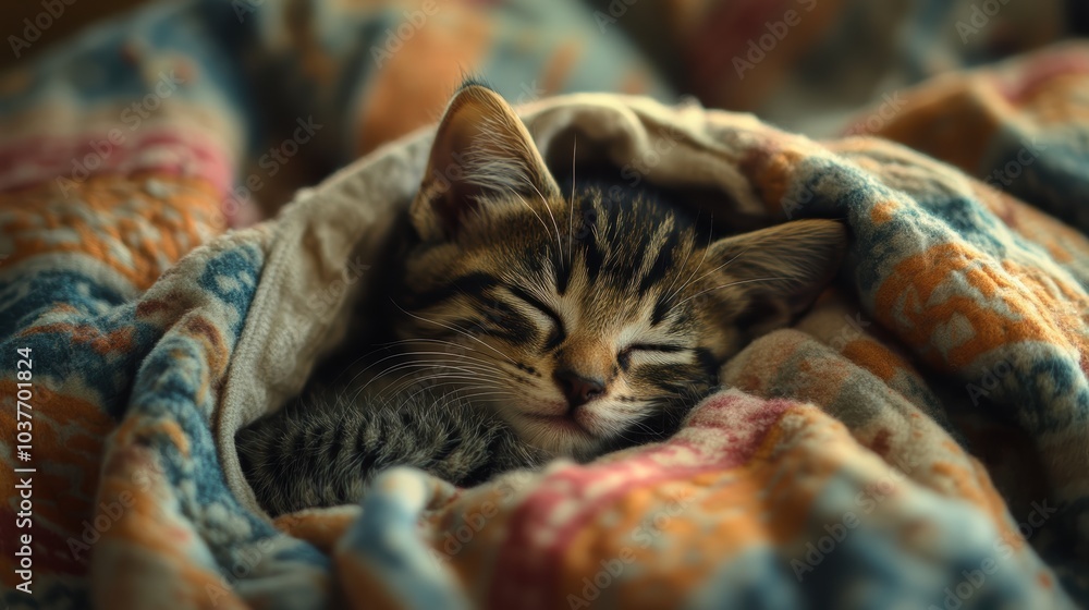 Sleeping kitten snuggled in a blanket. Sleeping kitten snuggled in a blanket.
