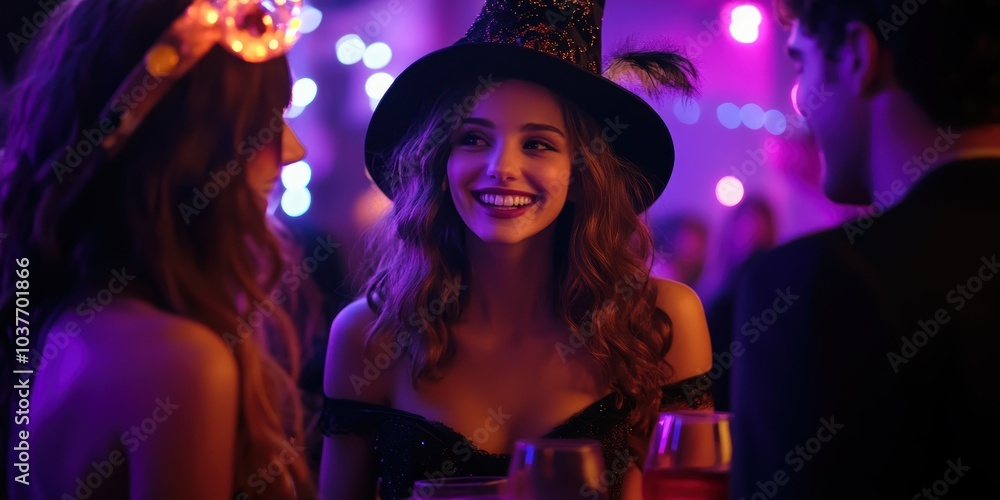 A woman in a witch hat smiles at a man. A woman in a witch hat smiles at a man.