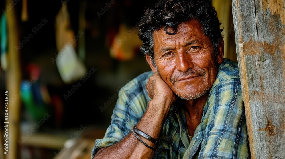 Portrait of mature man with curly hair and plaid shirt in a rustic setting, looking contemplative Portrait of mature man with curly hair and plaid shirt in a rustic setting, looking contemplative