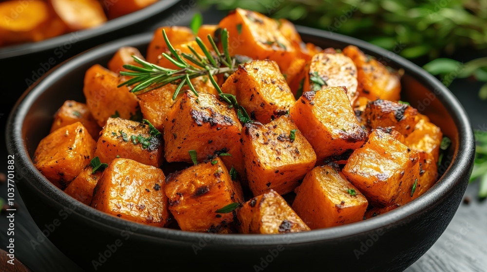 Freshly Cooked Diced Sweet Potatoes in Black Bowls with Parsley Garnish Freshly Cooked Diced Sweet Potatoes in Black Bowls with Parsley Garnish