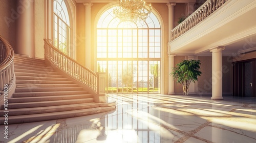 Grand luxury foyer with marble floors crystal chandelier and a sweeping staircase soft sunlight from tall windows shot from a low angle wide lens  photo