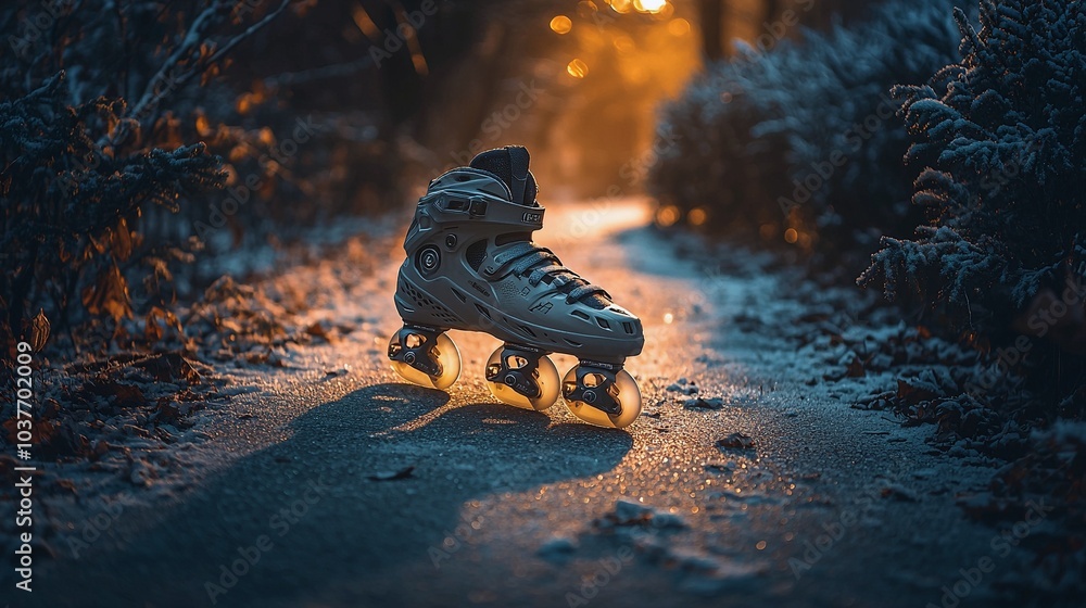Obraz premium Stylish Rollerblades on Concrete Path with Warm Ambient Light