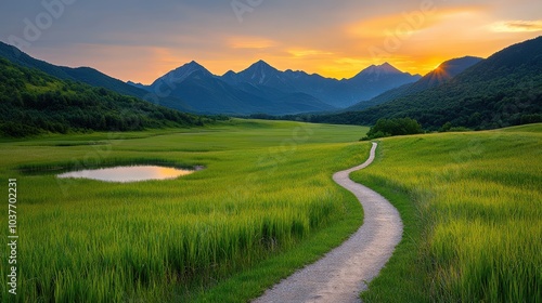 Desolate Road to Serene Mountain Peaks at Dawn or Dusk.