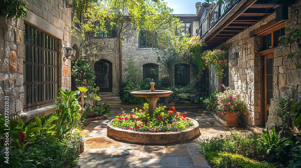 Fototapeta premium Private courtyard with stone walls a central fountain and vibrant flowers dappled sunlight through the trees shot from a low angle wide lens 