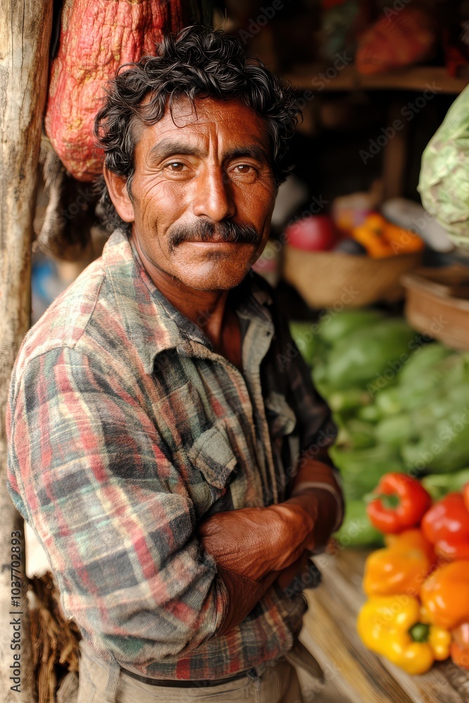 Portrait of a vendor with arms crossed in front of a vegetable stand at a market Portrait of a vendor with arms crossed in front of a vegetable stand at a market