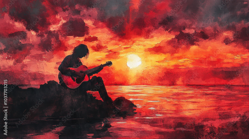 Pink watercolor painting of a musician man playing guitar at beach Pink watercolor painting of a musician man playing guitar at beach