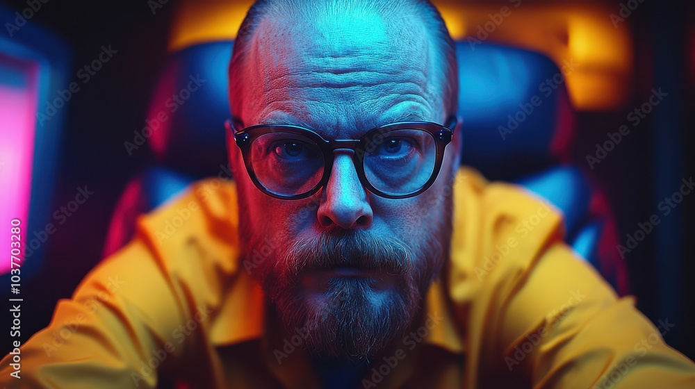 Portrait of a bearded man in a futuristic neon-lit room with intense expression Portrait of a bearded man in a futuristic neon-lit room with intense expression