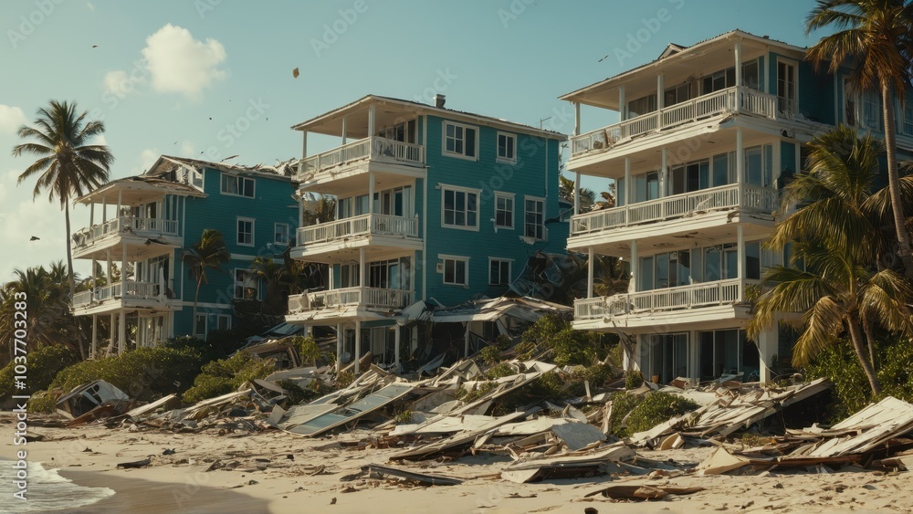 Fototapeta premium Damaged beachfront building with debris scattered along the shore after a storm, surrounded by palm trees 