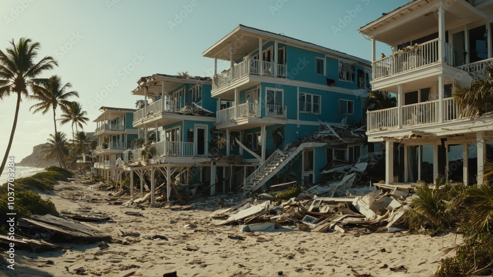 Damaged beachfront building with debris scattered along the shore after a storm, surrounded by palm trees Damaged beachfront building with debris scattered along the shore after a storm, surrounded by palm trees