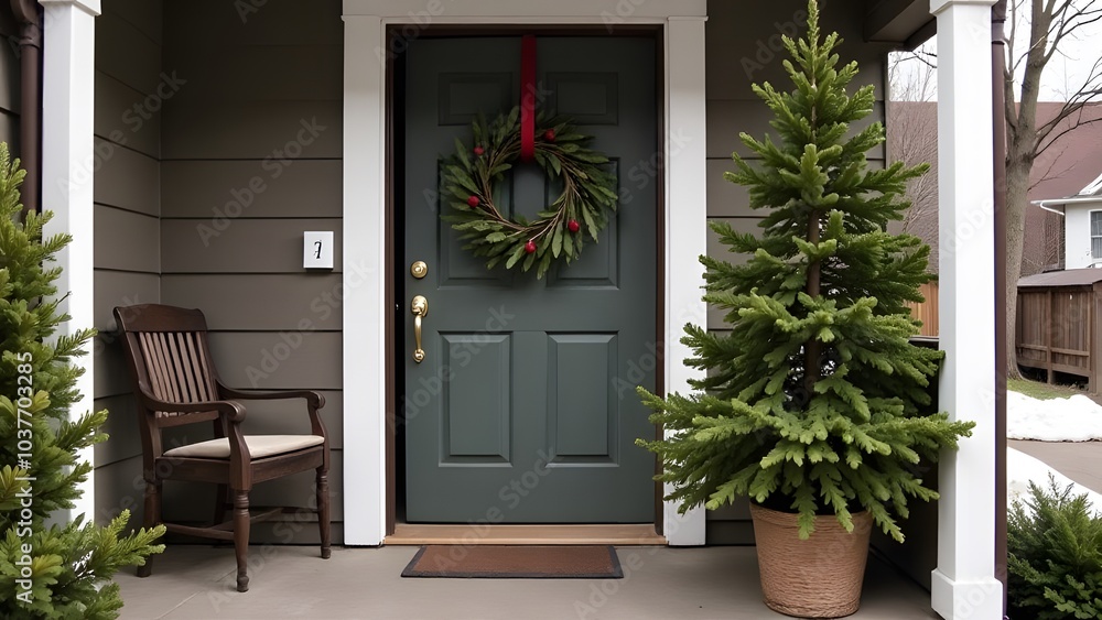 A charming front entrance door adorned with a festive Christmas wreath and lush winter greenery, capturing the season A charming front entrance door adorned with a festive Christmas wreath and lush winter greenery, capturing the season