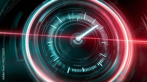 Futuristic speedometer interface with glowing neon lights and dynamic motion blur, representing high-speed technology and precision measurement.
