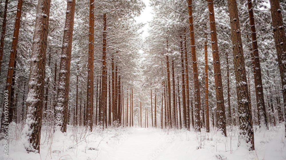 Fototapeta premium Serene snow-covered forest with tall pine trees dusted in white soft sunlight filtering through the branches shot from a low angle wide lens 