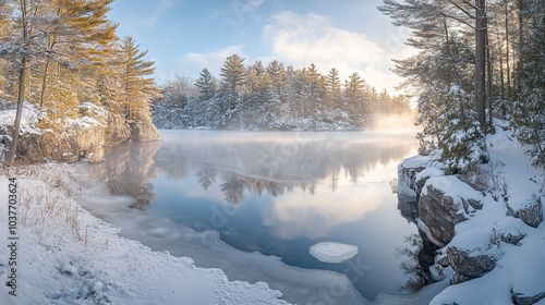 Frozen lake surrounded by snow-covered pines with soft mist rising from the water early morning light shot from the shore wide-angle lens 